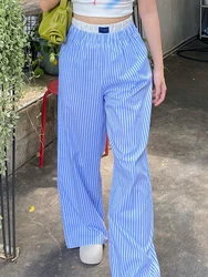 Women Striped Boxer Pants Y2k Wide Straight Leg Lounge Pants Baggy Elastic High Waist Comfy High Street Style Pants Outfits Fall