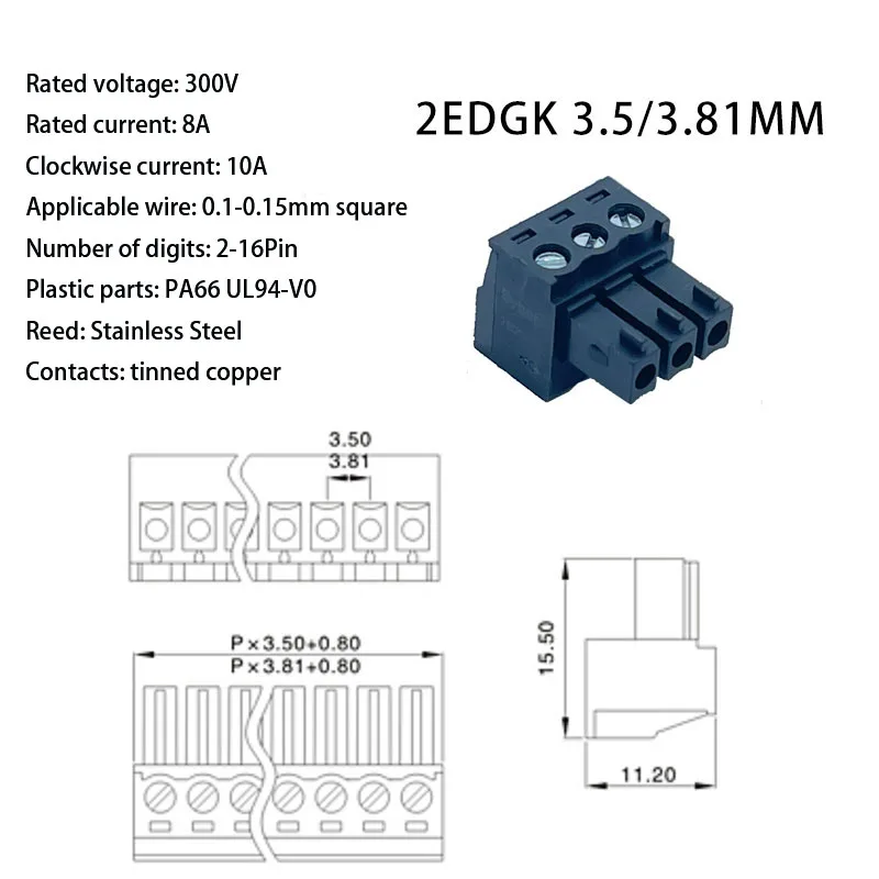 Plug-in PCB Terminal Block 15EDG-3.5MM 3.81mm Black 2EDGK/V/R straight curved pin 2P~24P can be customized