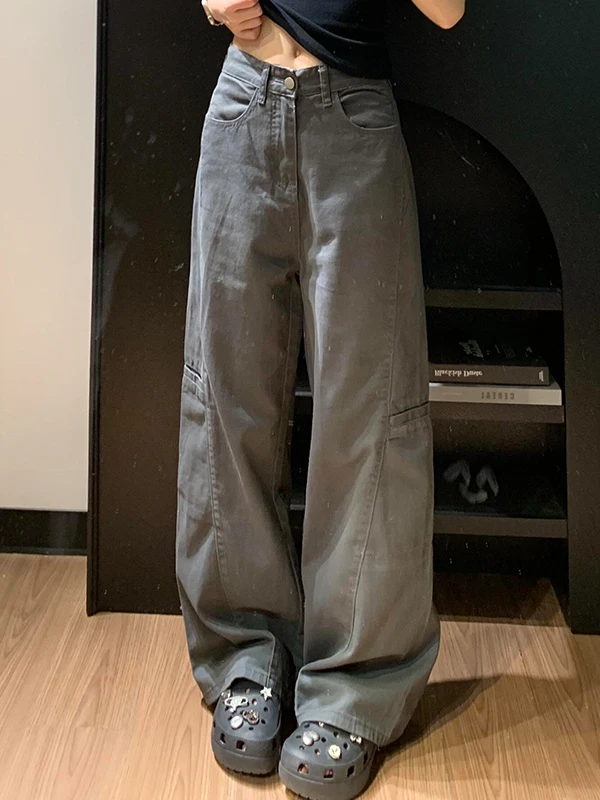 

Grey High Waist Straight Leg Jeans Men's Women's Autumn High Rise Slimming Trousers American Style Wide Leg Workwear Pants