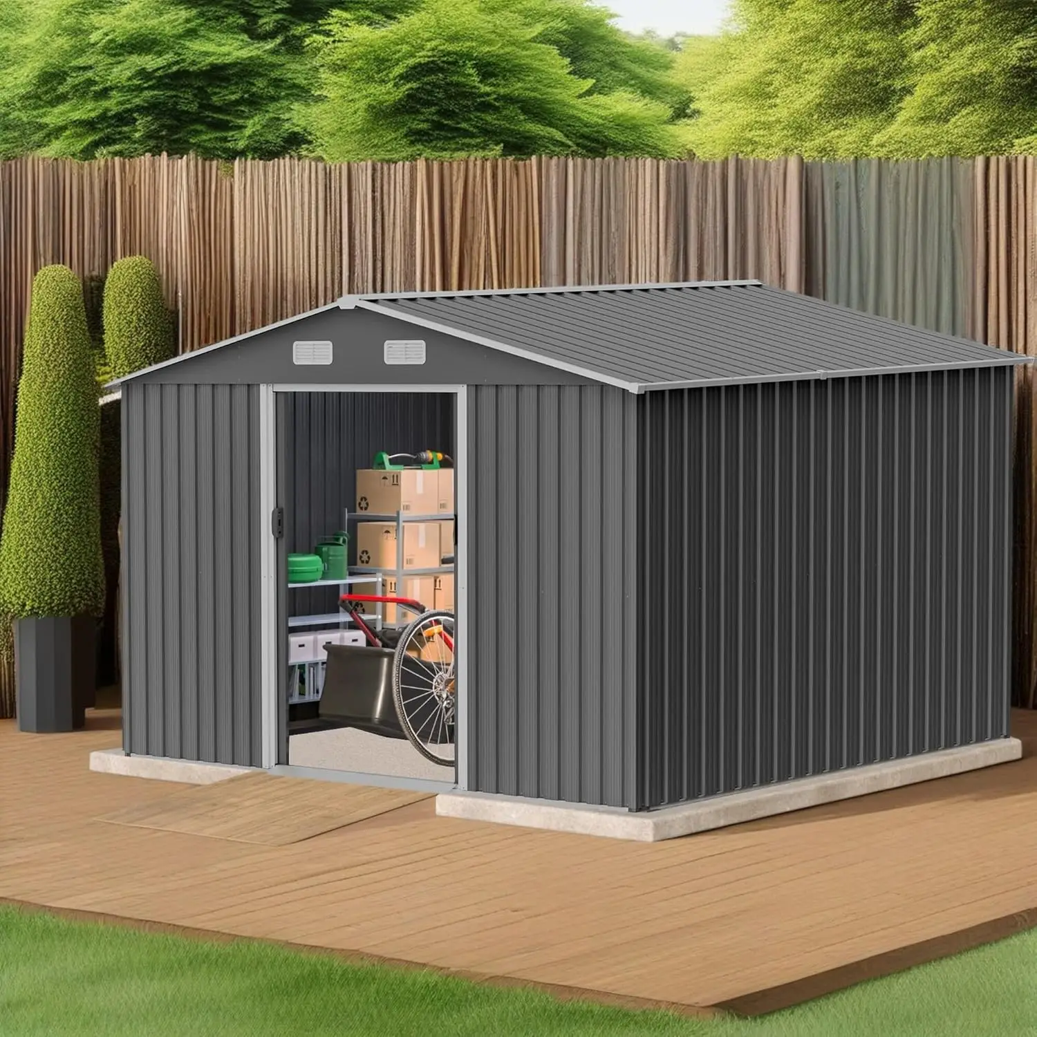 10x8 FT Metal Outdoor Storage Shed with Floor Foundation & Lockable Doors,All-Weather Sloping Roof Large Tool Sheds for Garden