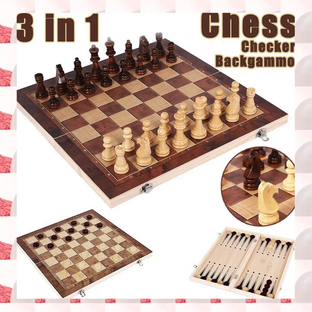 

ABGN Wooden Foldable 3 In 1 Chess Backgammon Wooden Board Folding Board Game