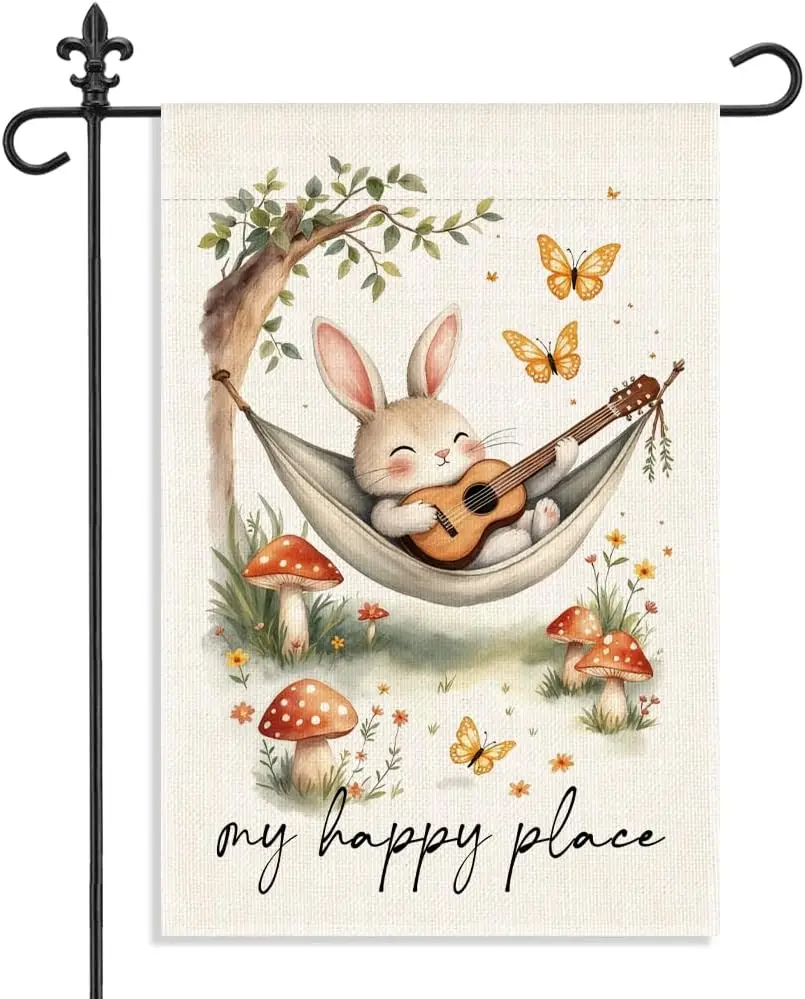My Happy Place Garden Flag, 12 x 18 Inch Double Sided Rabbit Theme Easter Day Decor Flag for Outdoor Farmhouse Garden Yard F ZZM