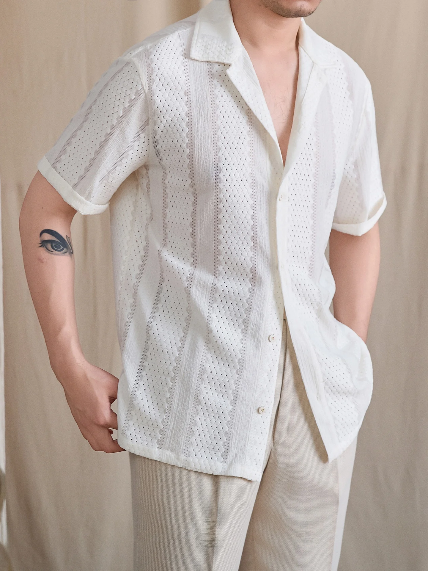 

Mr. Deer Three Summer Short Sleeve Hollow out Casual Shirt Cuban Collar Breathable Fashionable Polyester Cotton Blend Men's S...