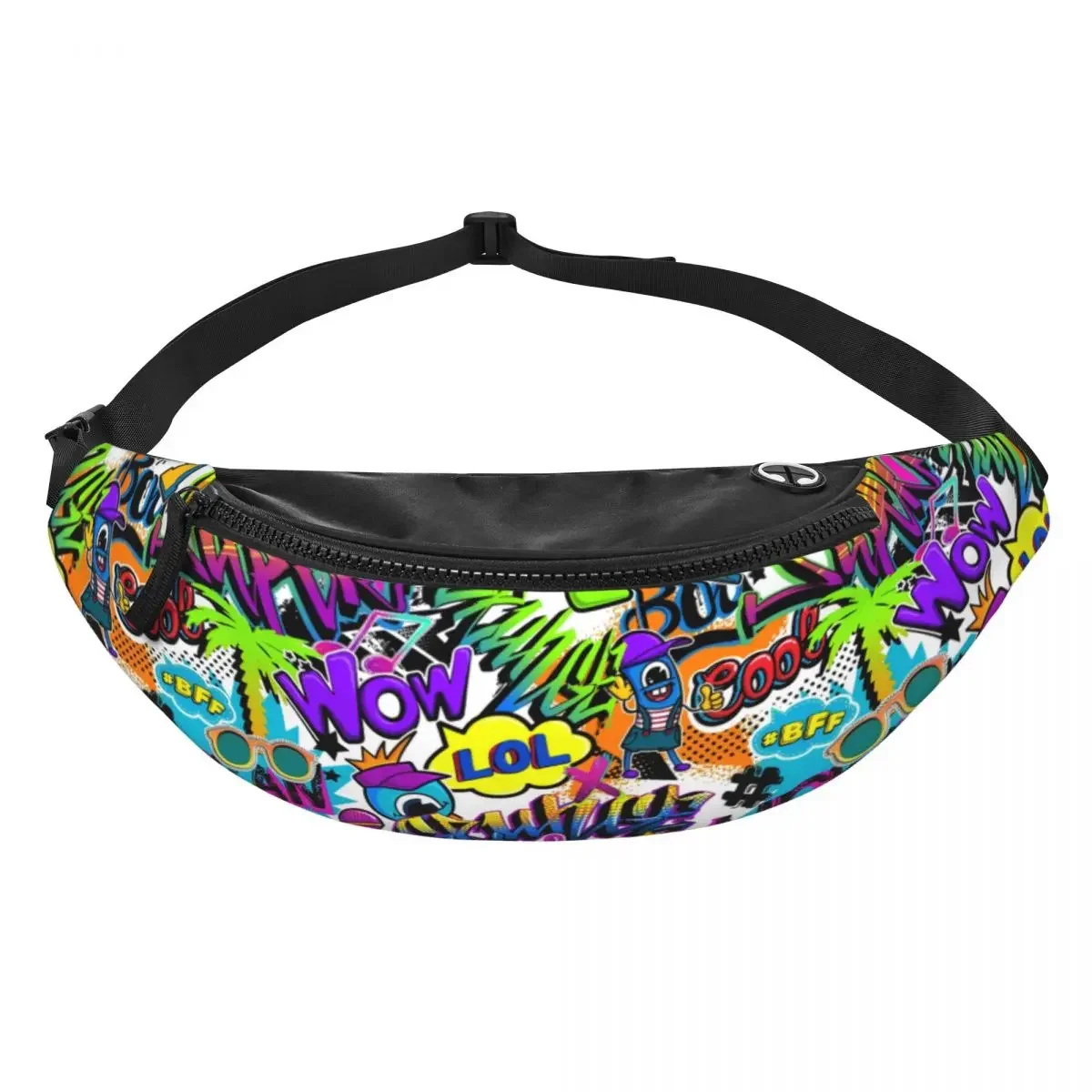 Custom Comics Pattern With Palm Tree Graffiti Art Fanny Pack for Men Women Crossbody Waist Bag Cycling Camping Phone Money Pouch