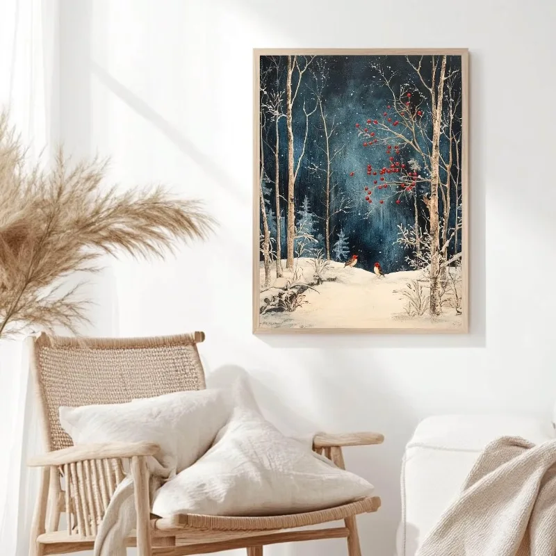 Winter Snowy Birch Forest Red Berries Birds Poster Frameless Canvas Wall Art Dark Blue Night Scene Festive Holiday Cozy Decor