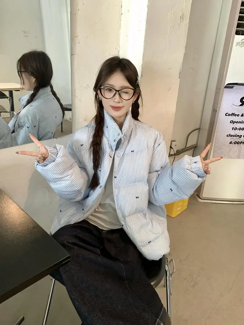 Japanese and Korean Vibe Style Striped Bow Cotton Jacket Winter New Versatile Thick Warm Jacket Blue