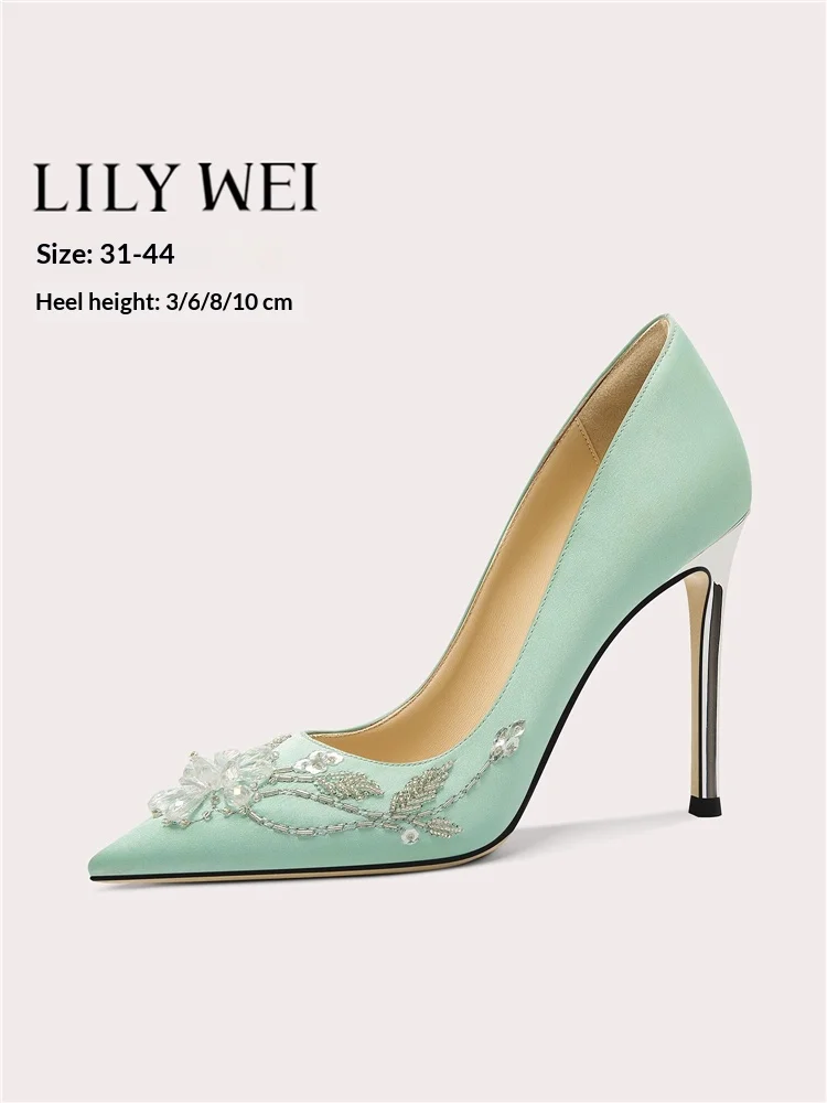 

Spring pointed shallow crystal beaded embroidered silk shoes banquet large size small size thin high-heeled women's shoes