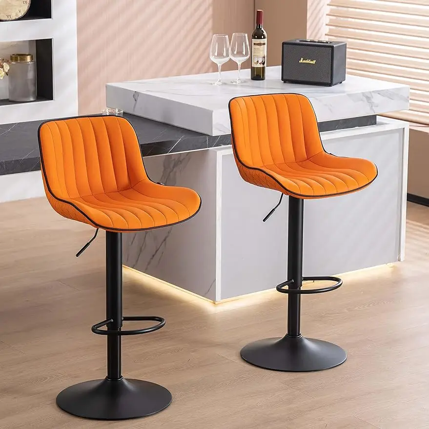 YOUNUOKE Orange Upholstered Bar Stools Set of 2 Counter Height Modern Adjustable Swivel Bar Chairs with Backs Mid Century PU