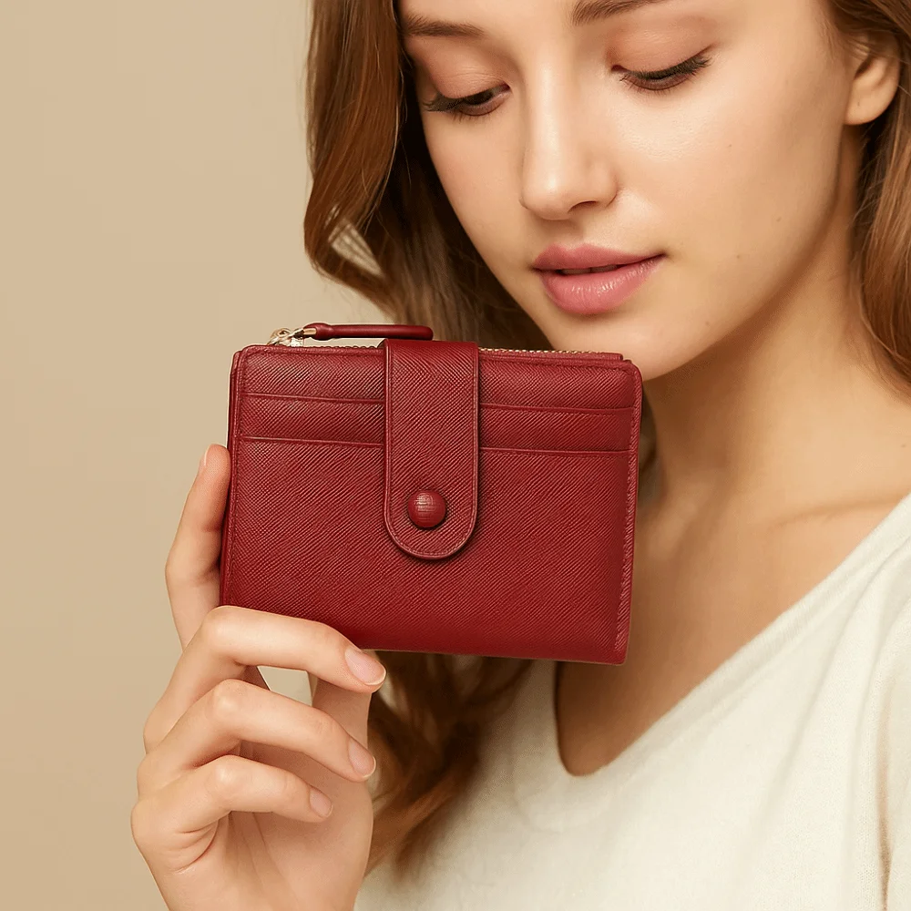 محفظة قصيرة بسيطة من جلد البولي يوريثان بسحاب قابلة للطي ومحفظة متعددة البطاقات ذات سعة كبيرة وحامل بطاقات نسائية يوميًا