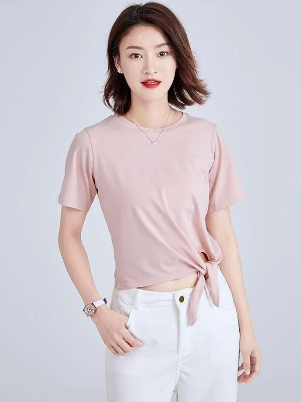 

New Women's Summer Faion Temperament ort Laceup Top Cleanfit Patchwork Cotton 00% Linen Material Low round Ne