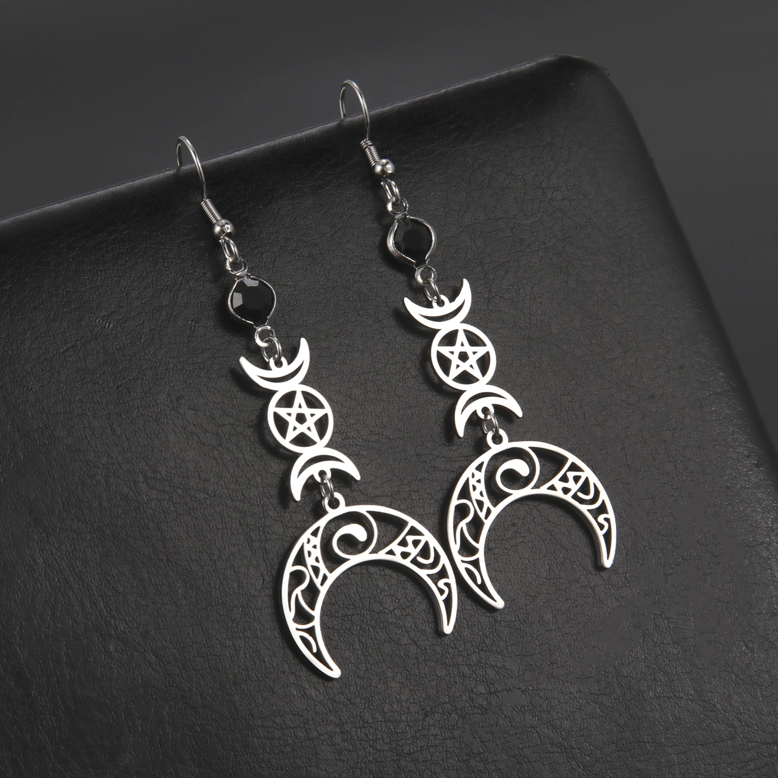 Jeshayuan Triple Moon Goddess Pentagra Hook Earrings For Women Black Birthstone Stainless Steel Earrings Jewelry