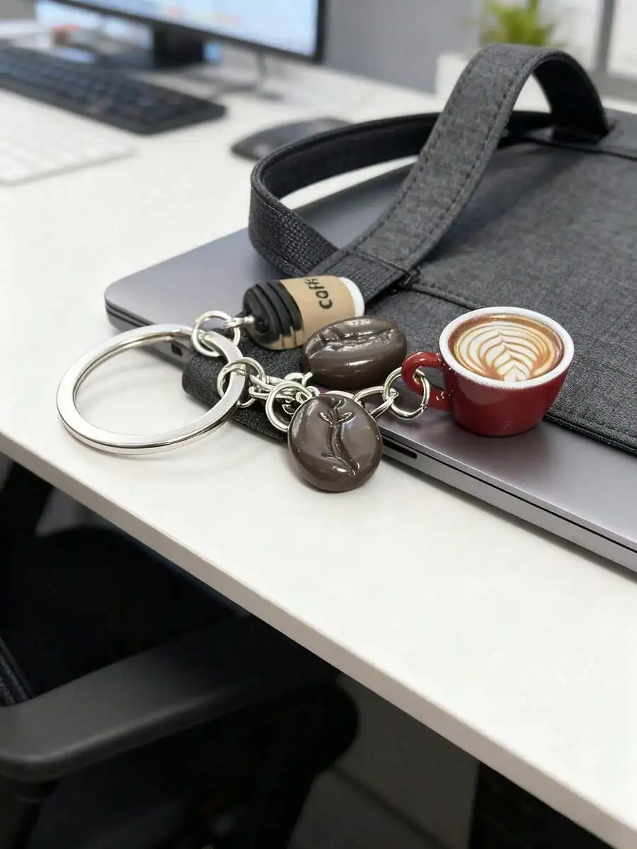 Cute Coffee Keychain with Latte Art Cup Charms