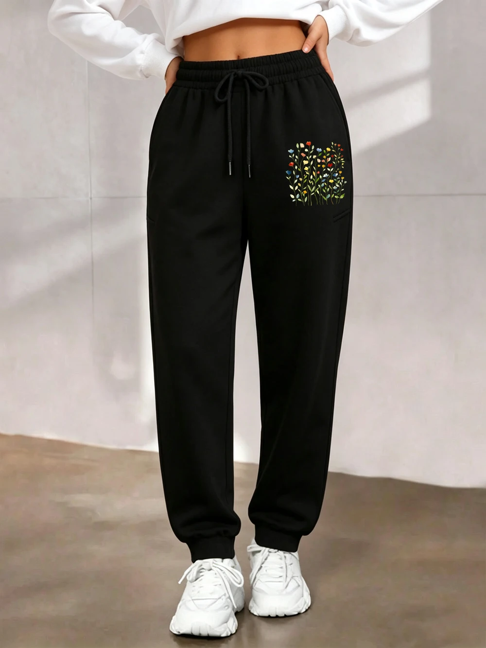 Beautiful Watercolor Flowers Printing Sweatpants Womens Winter Loose Trousers Basics Fleece Jogger Pants Casual Pocket Clothes