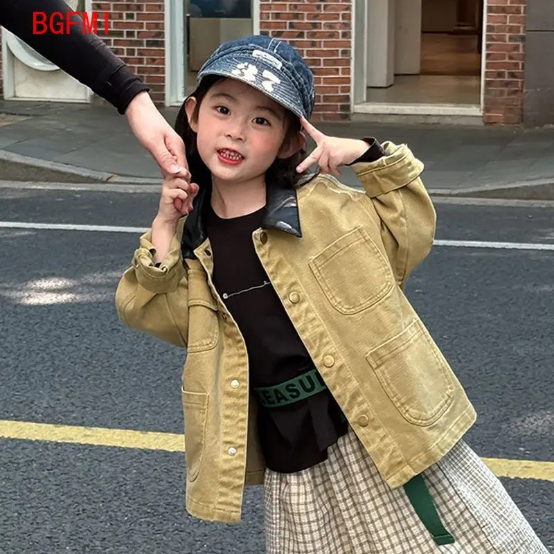 

Детская куртка с большими карманами в американском стиле ретро, весенне-осенняя детская куртка для мальчиков, свободная рабочая одежда с отложным воротником, верхняя одежда цвета хаки