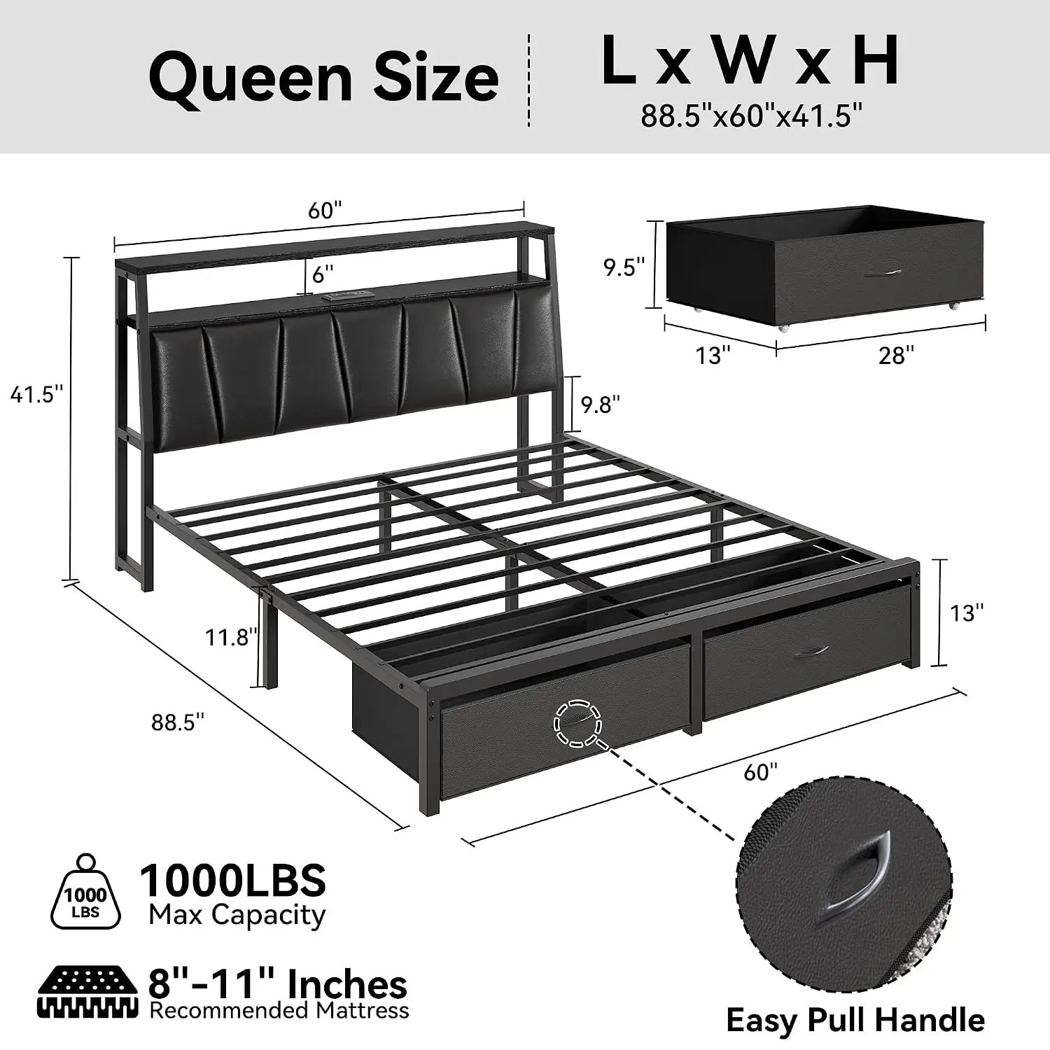 Queen Bed Frame 2-Tier Storage Headboard & 2 Drawers Metal Platform Black, Customized
