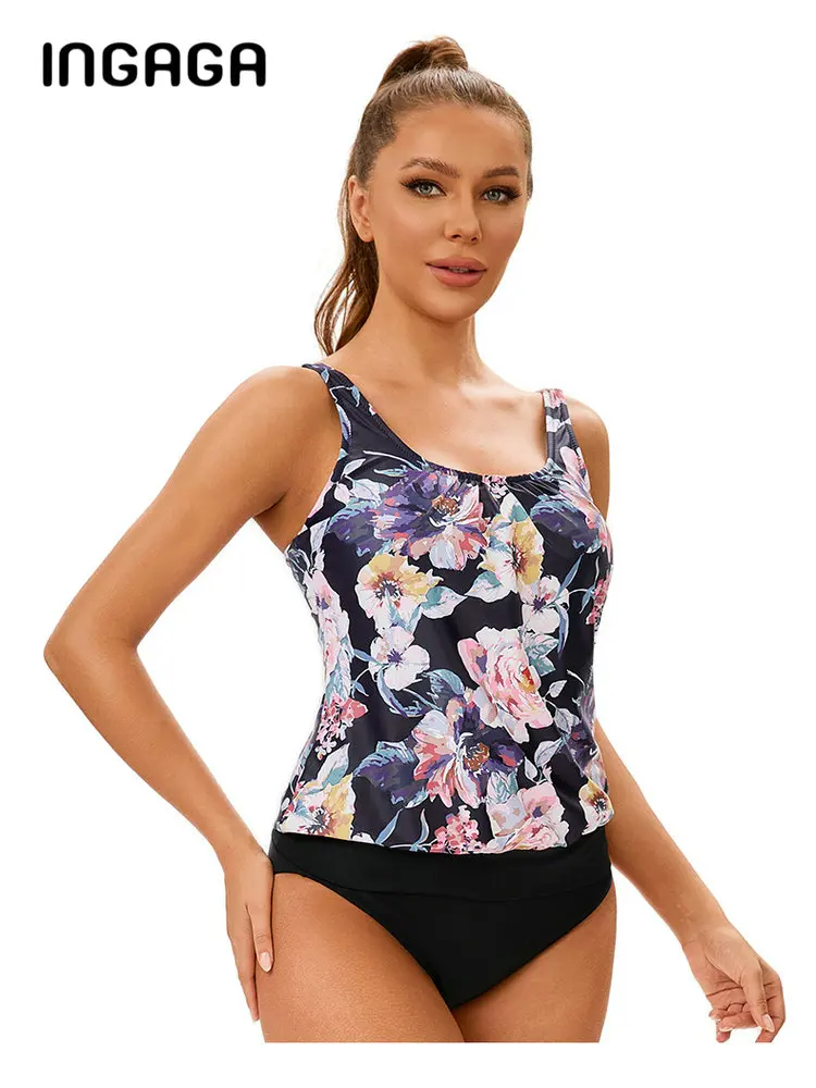 ชุดว่ายน้ำ tankini เจียมเนื้อเจียมตัวสำหรับผู้หญิงชุดว่ายน้ำสองชิ้นด้านบนเสื้อกล้ามลายดอกเอวต่ำ