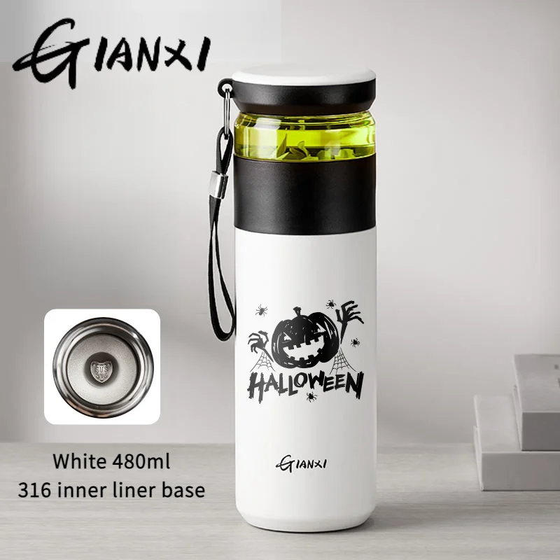 GIANXI 480ML Vacuum Cup Halloween Series Ceramic/Stainless Steel Inner Water Bottle Daily Portable Tea Separation Thermos Cup