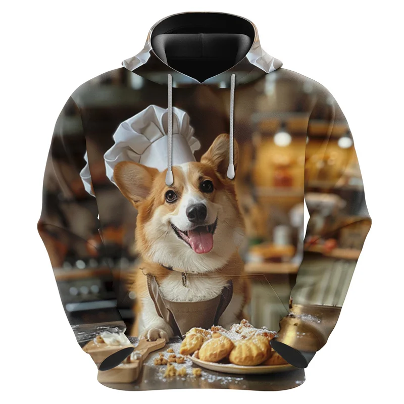 3D Printed Cute Pastry Chef Dog Hoodies For Men Funny Cake Animal Graphic Sweatshirts Casual Loose Pullovers Tops Unisex Hoody