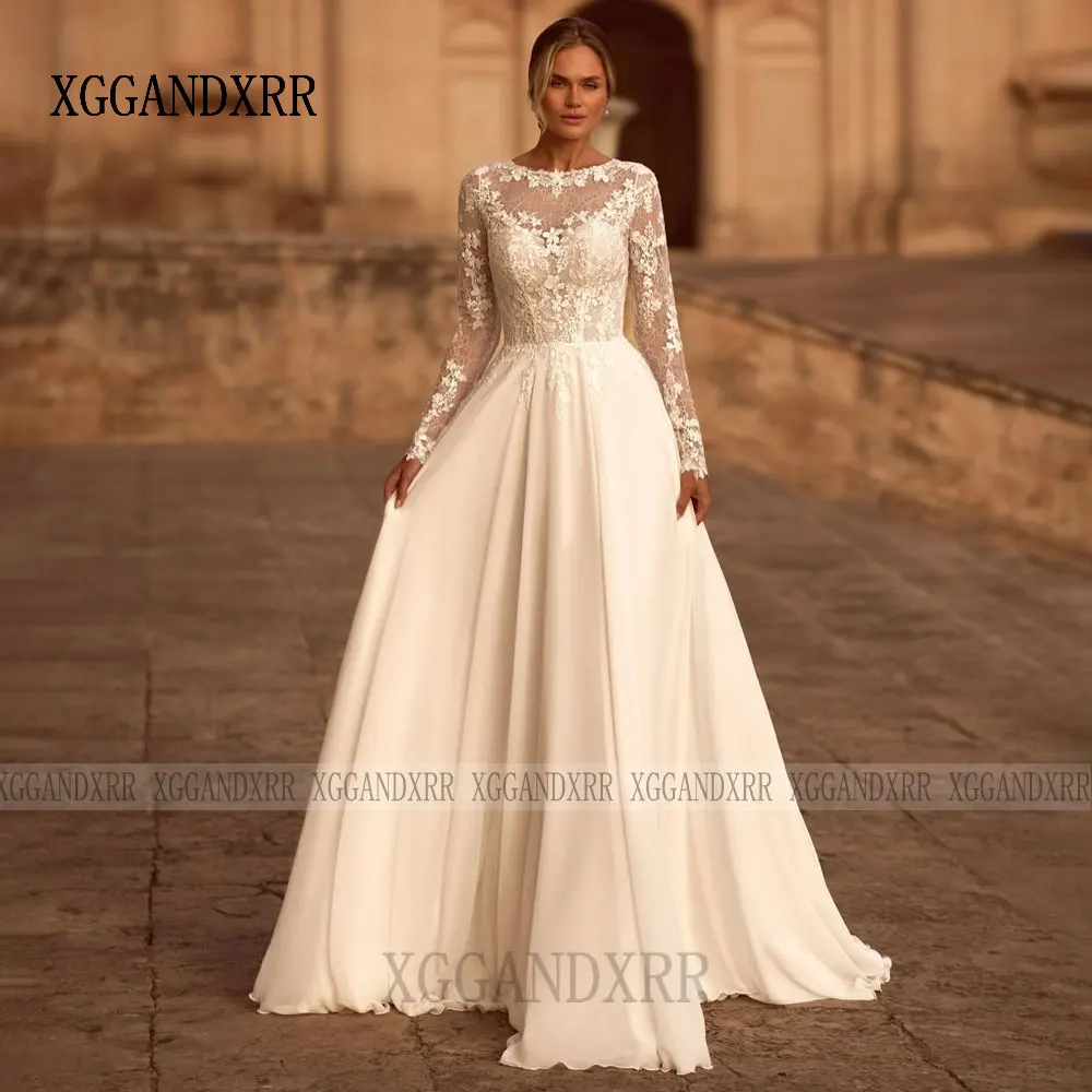 فستان زفاف شيفون بأكمام طويلة مخصص 2026 فستان زفاف برقبة دائرية مزين بالدانتيل سويب تراين امرأة العروس ملابس رسمية بيضاء