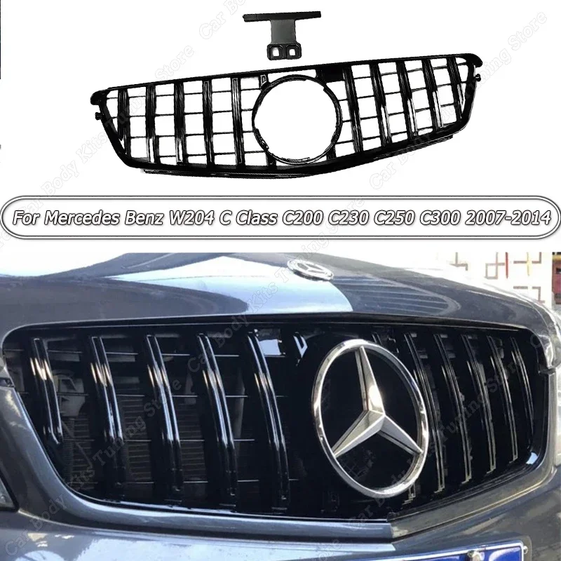 

GT Style For Mercedes Benz W204 C Class C200 C230 C250 C300 C350 2007-2014 Gloss Black ABS Car Front Bumper Racing Grille Cover