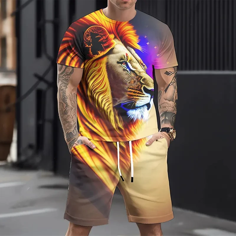 

Funny 3D Lion Print Men's Short Sleeve T-Shirts Sets Summer Casual O-neck Tops +Shorts 2 Piece Fashion Wolf Pattern Loose Outfit