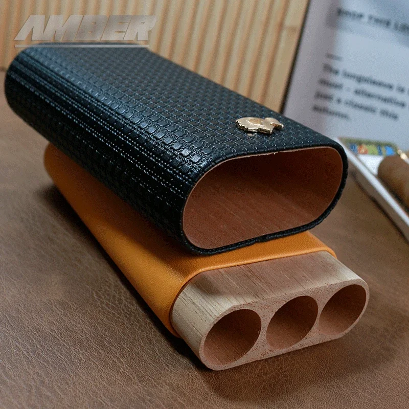 Cigar Case 3- cigars tubes Leather  Travel Portable Humidor with Cedar Wood Lined with Stainless Steel Cigars Cutter