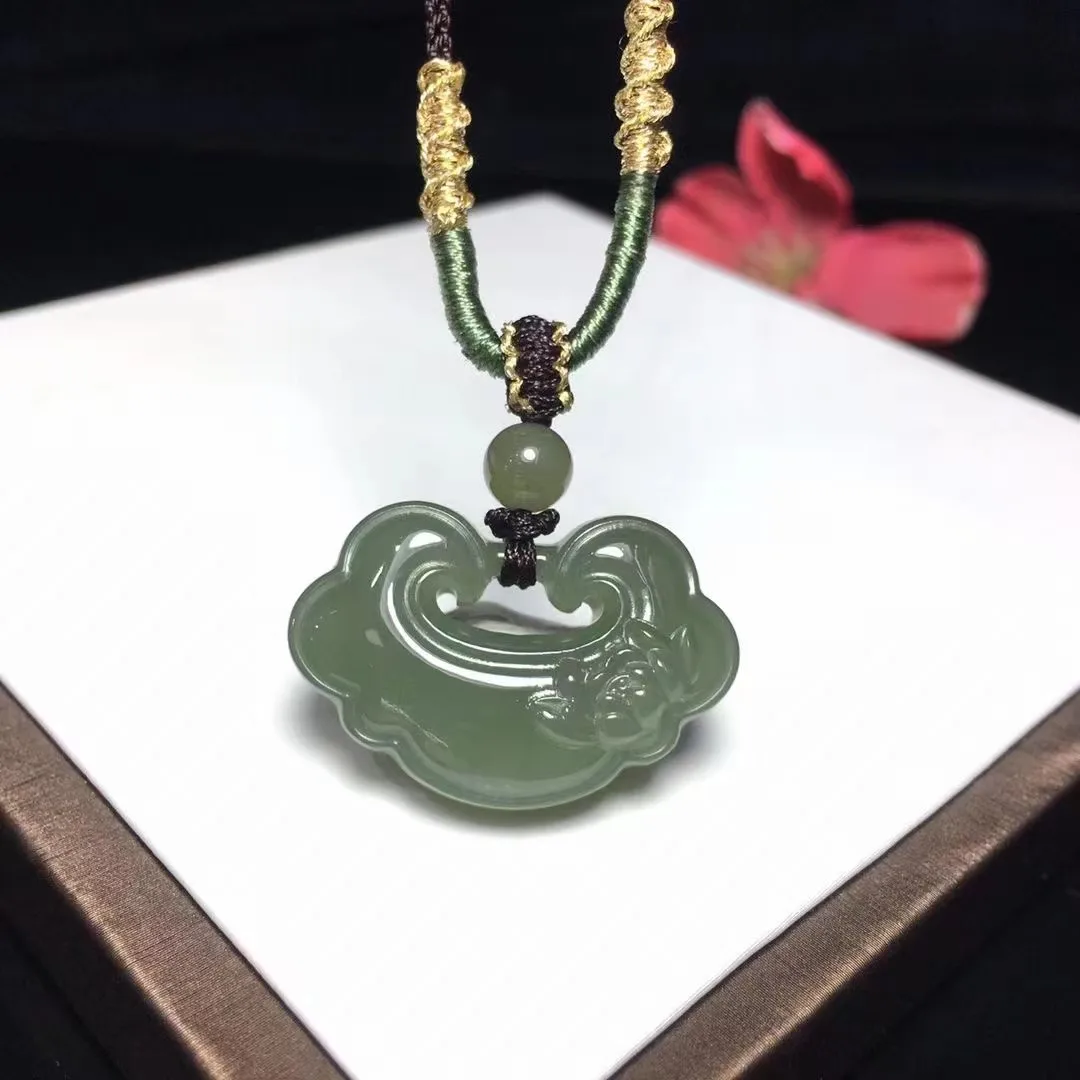 

Natural 100% real cyan hetian jade pendant necklace hand-carved Safe lock necklaces pendants man jade jewelry Bless peace