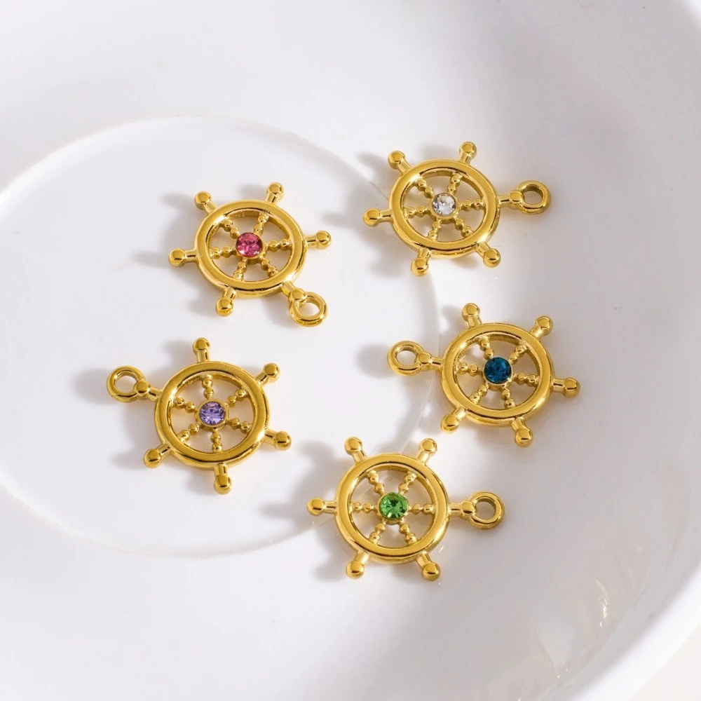 10Pcs Vintage Ship Wheel Charms Stainless Steel Rhinestone DIY Necklace Bracelet Pendants