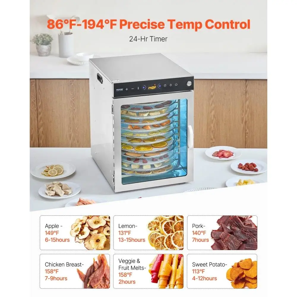เครื่องขจัดน้ําออกแบบหมุน 12 ถาดสแตนเลส 800W และการอบแห้งผลไม้