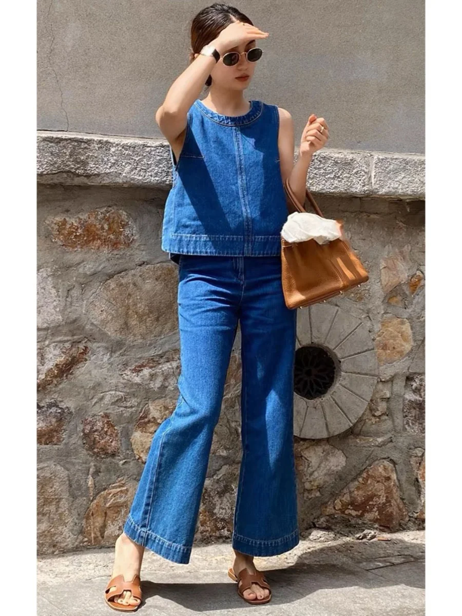 Korean Style Women\' Summer Blue Denim Vest And High Waist Leg Pants Two Pieces Set Female Casual Loose Clothing X1430