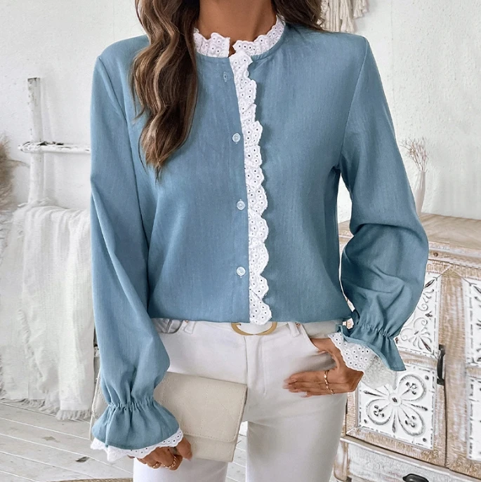 Women's blouse Autumn/Winter White Ruffle Stand-Up Collar Long Sleeve Single-Breasted Fleece Lace Patchwork Cotton Cardigan