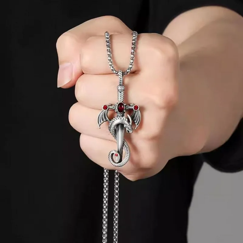 Fashion Steel Dragon Sword Pendant Necklace Hip Hop Punk Gothic Charm Domineering Chain Stainless Steel Jewelry Halloween Gift