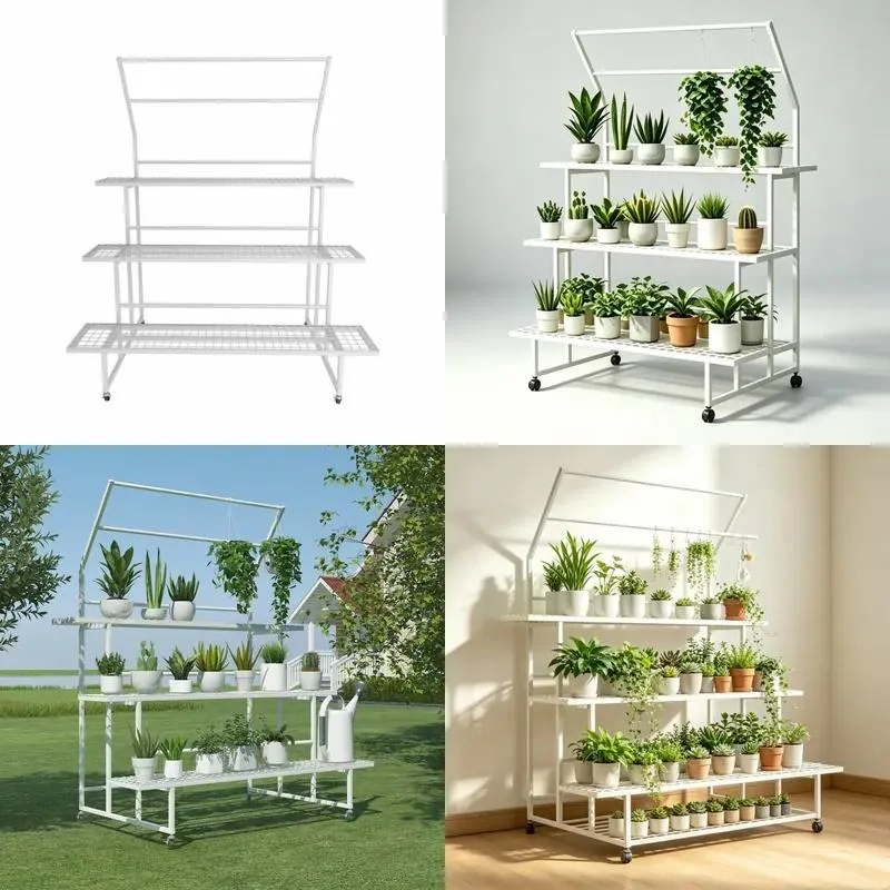 3 Tier Carbon Steel Plant Stand with Wheels Hanging Rod Indoor Outdoor Flower Rack for Multiple Pots