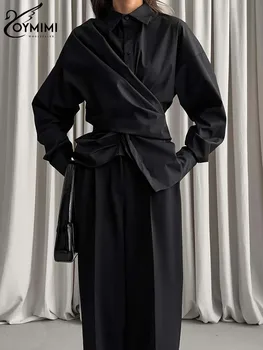 Oymimi élégant noir revers femmes Blouse mode à manches longues chemises solides décontracté simple boutonnage asymétrique Blouses femme