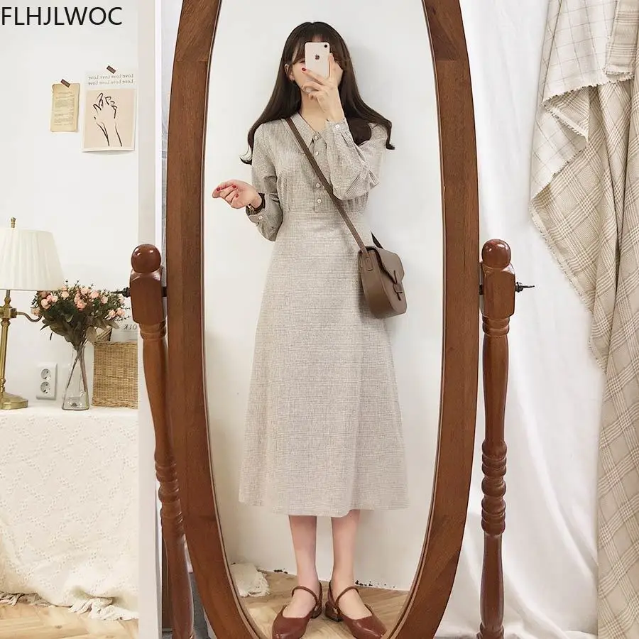 Cotton Vintage Dresses Latice Women Long Sleeve Bow Tie Ribbon Design Preppy Korea Japan Style Plaid Dress Long Cute 8123