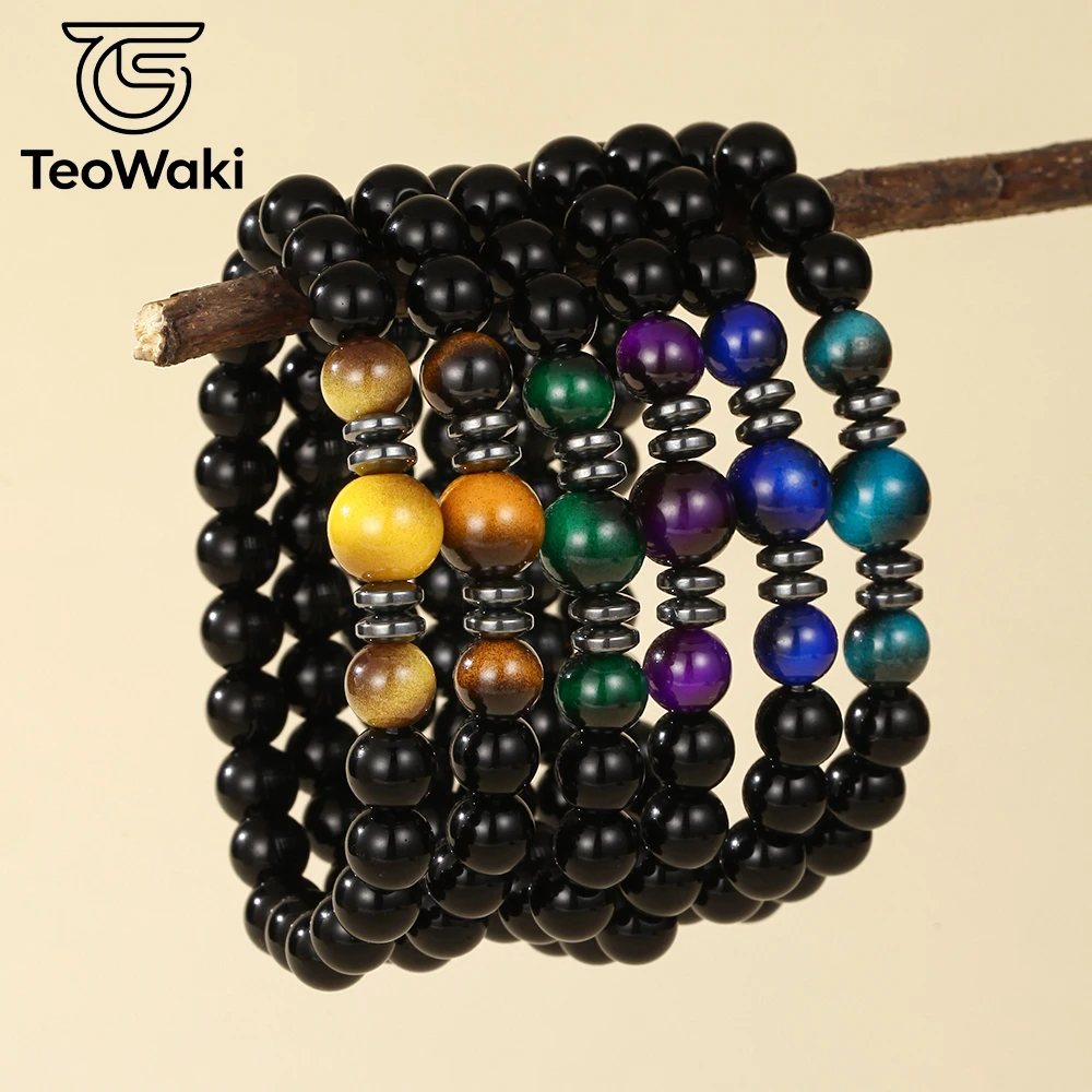 TeoWaki Natural Black Agate Beaded Bracelet Tiger Eye Glass Stone Drum Bead Spacer Worry Stone Meditation Yoga Jewelry 18-19cm