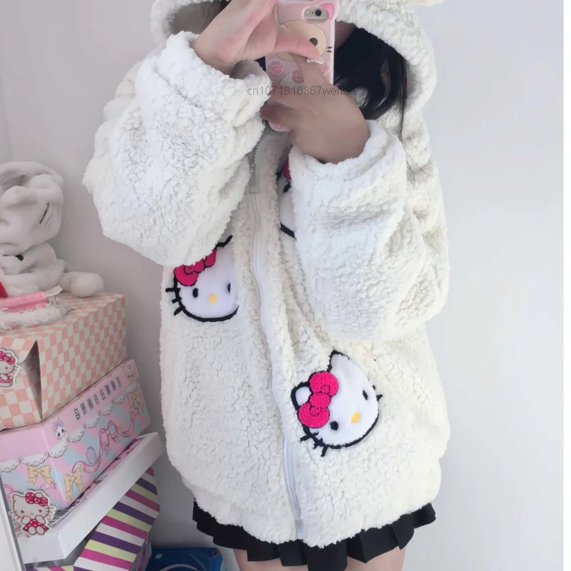 Sanrio Hello Kitty ricamato simpatico cartone animato cappotto con cappuccio giacca di velluto di agnello da donna cappotto di cotone sciolto