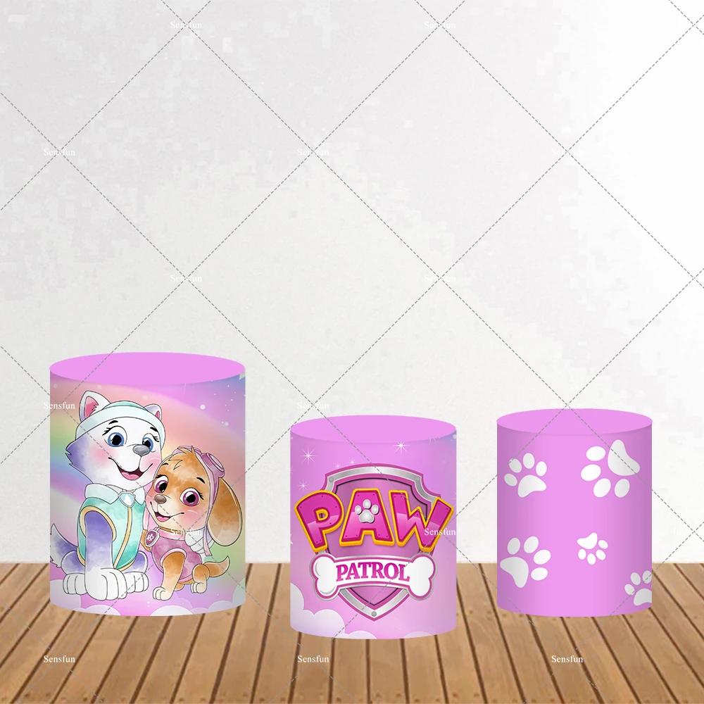 Pink Girls Paw Patrol Theme Birthday Party Round Backdrop Cover Rainbow Clouds Lawn Tower Puppy Power Background Plinth Covers