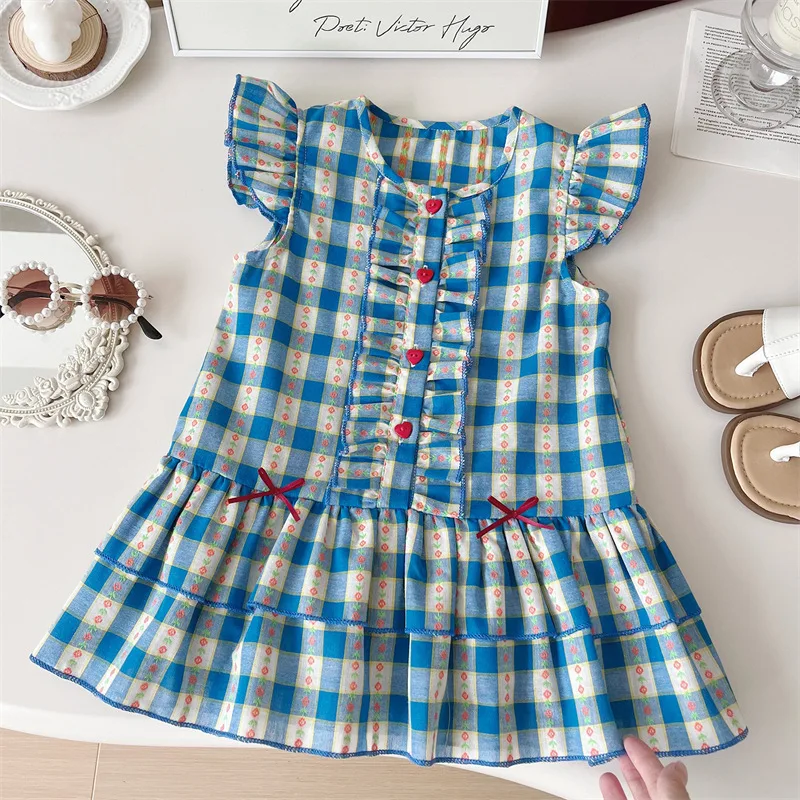 Mädchen Freizeitkleider Kariertes Blumenmuster Ärmelloses Kleid Babykleid Partykleid für Mädchen von 1 bis 8 Jahren Babykleidung für Mädchen