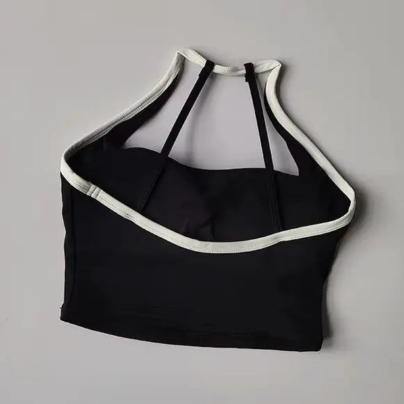 Women Thin Strap Color Block Sports Bra Shockproof Padded Integrated Yoga Top Quick Dry Fitness Tank Top for Running Training