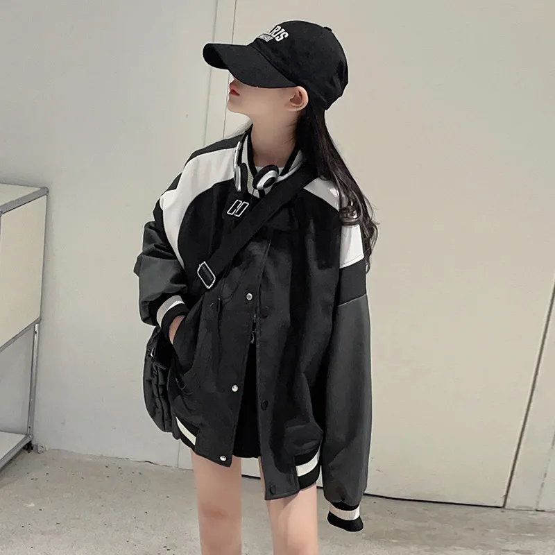 

Korean Spring Autumn Children Girl Baseball Jacket Elementary Girl Contrast Single-breasted Sport Coats School Girl Outwears