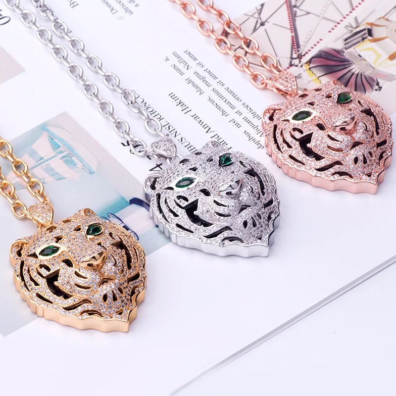 

Europe America Luxury Hip Hop Style Sweater Chain Men Women Lady Inlay Full Cubic Zircon Tiger Head Pendant Long Necklace