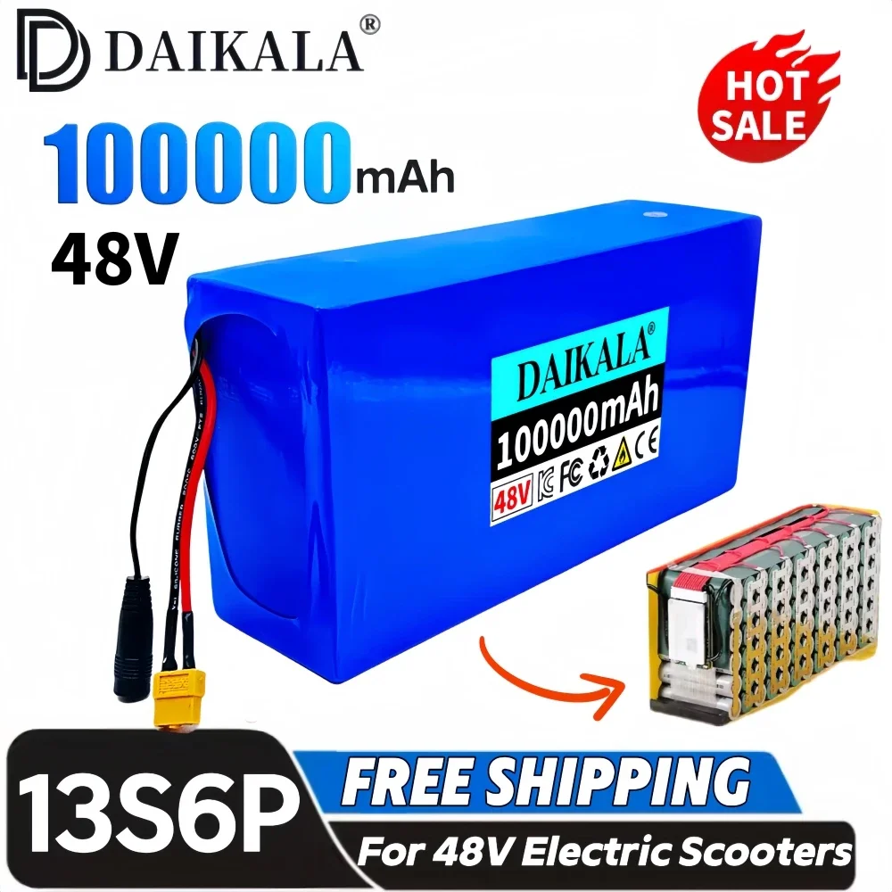 

13S6P 48V 100Ah Lithium-ion battery pack100000mAh For 54.6V 2000W electric scooter and bicycle battery, built-in 50A BMS+charger