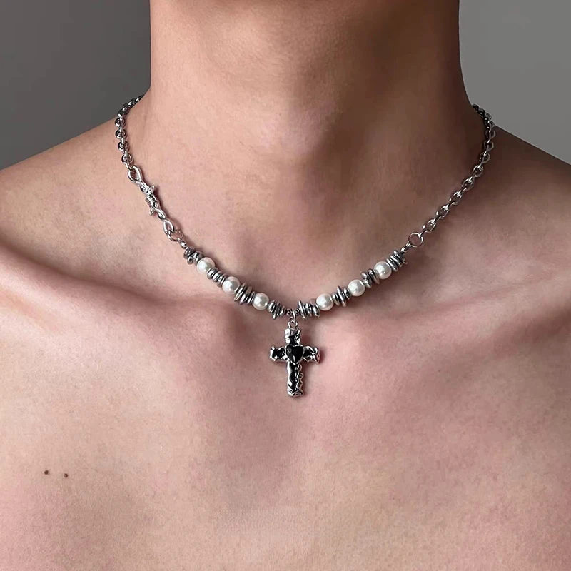 Stainless Steel Black Heart Cross Pendant Necklaces Gothic Zircon Beads Chain Y2K Retro Necklace Punk Clavicle Choker Jewelry