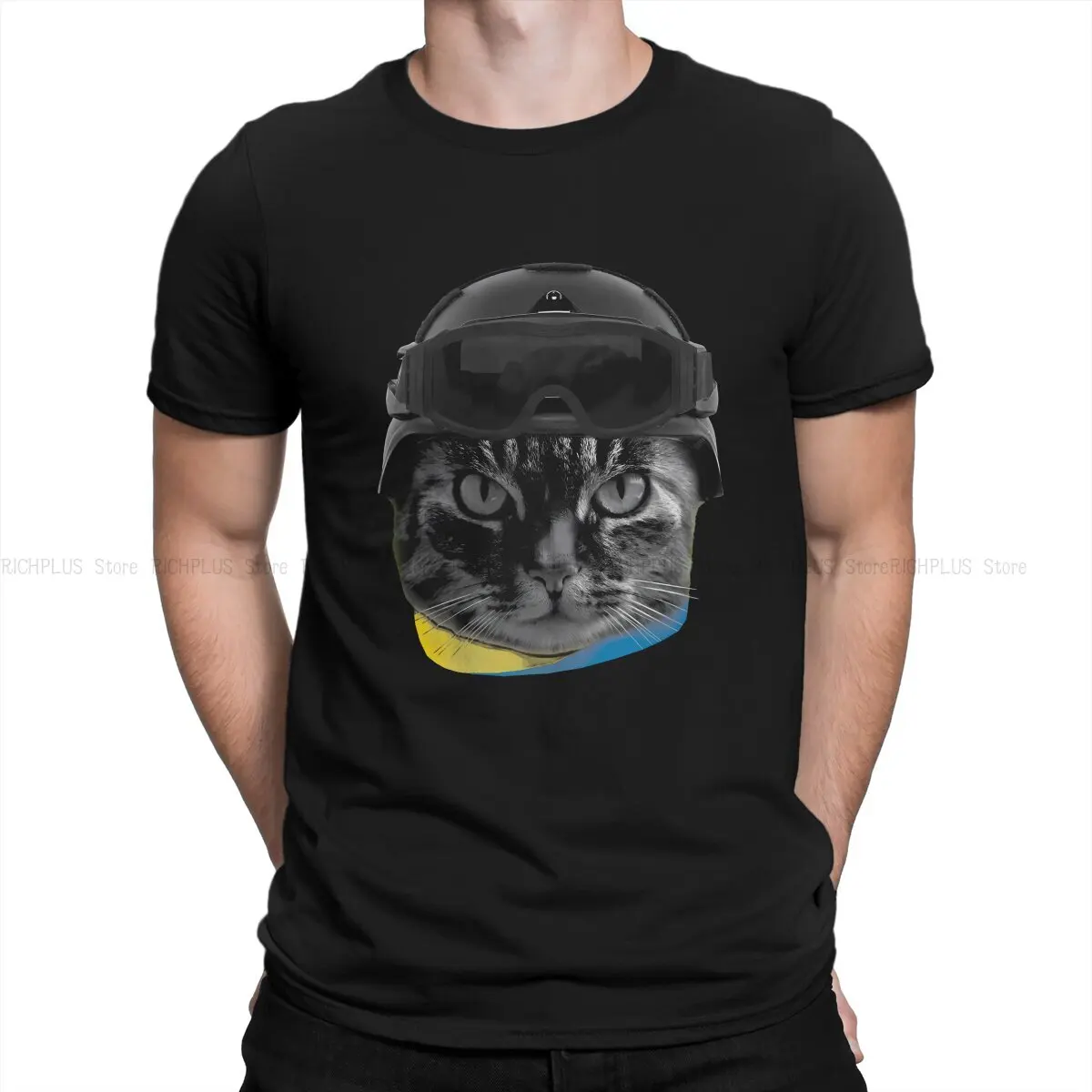 Tactical Cat Man's TShirt Cat Ukrainian Soldier Animal O Neck Short Sleeve Polyester T Shirt Funny Gift Idea