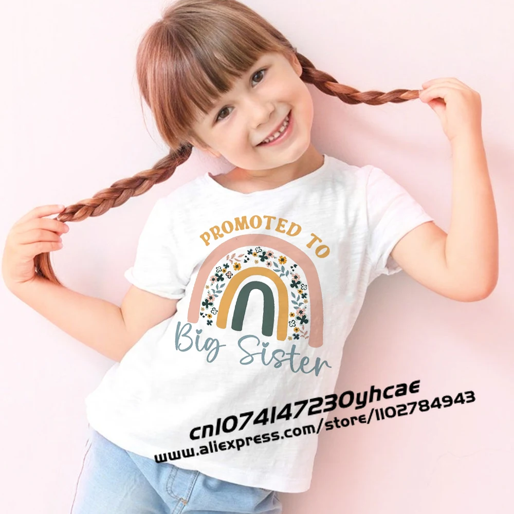 Promoted To Big Sister Rainbow Printed Baby Announcement T Shirt Girls T-Shirt Children Tops Toddler Tshirt Summer Clothes Tee