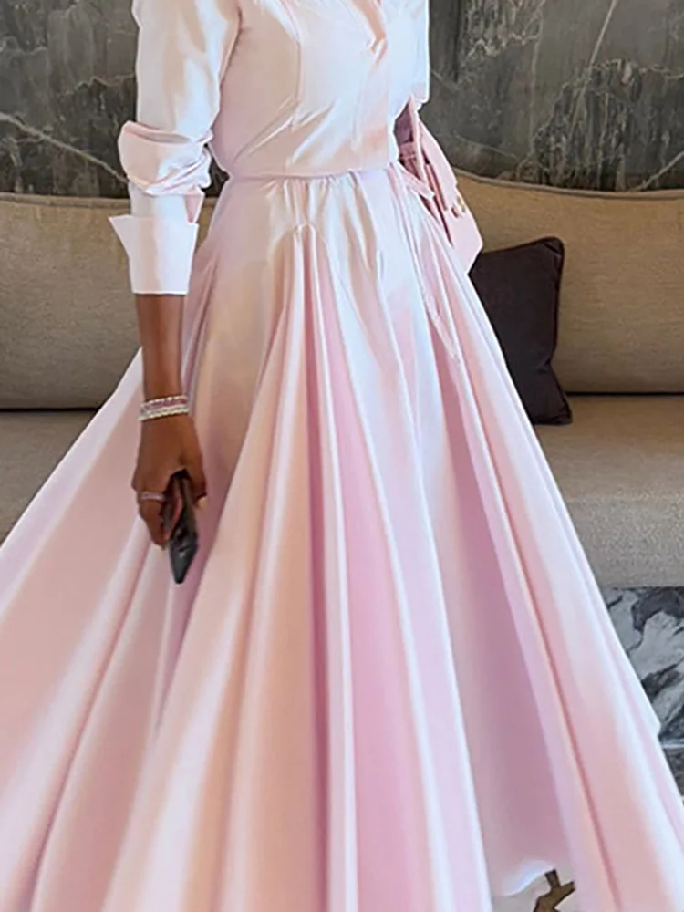 

2025 Новая рубашка на пуговицах с длинными рукавами, комплект из 2 предметов, повседневный женский плиссированный костюм с длинной юбкой на шнуровке, модный розовый свободный банкетный наряд