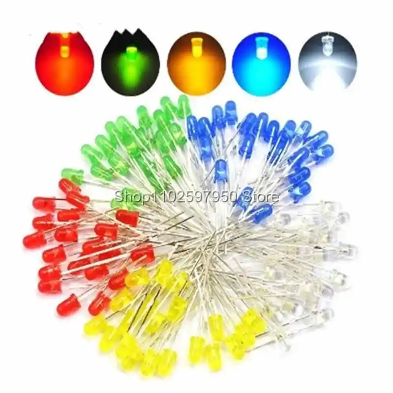 100 pçs/lote 5 cores f5 5mm redondo led sortimento kit ultra brilhante difundido verde/amarelo/azul/branco/vermelho diodo emissor de luz