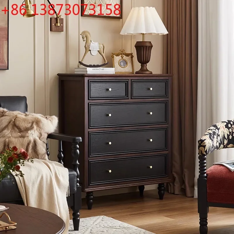 French retro solid wood black chest of drawers American small apartment medieval storage cabinet bedroom bedside drawer locker