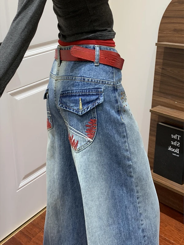 

Ретро американские вышитые бамбуковые узловые широкие джинсы женские свободные прямые зимние джинсовые брюки длиной до пола